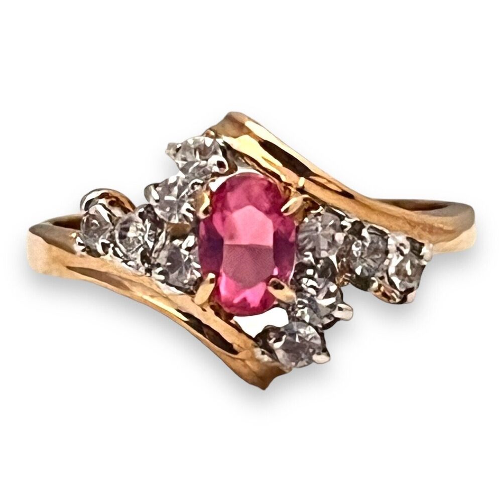 Vintage 1970s Ring Size 6 Pink Crystal CZ Cluster Prong Set Gold Plated - 14L